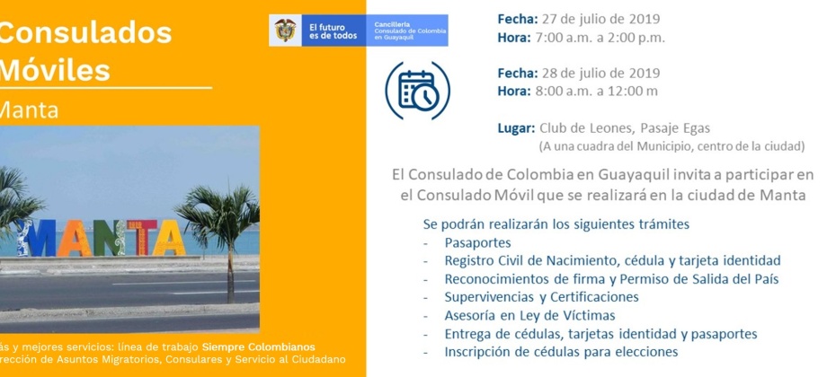 Consulado de Colombia en Guayaquil realizará un Consulado Móvil en Manta, los días 27 y 28 de julio de 2019