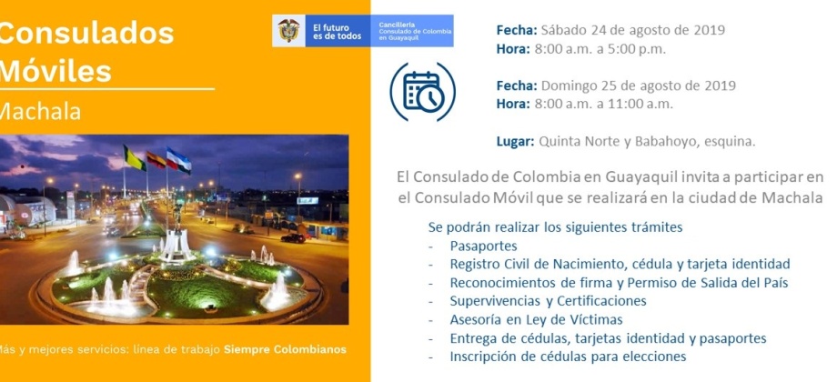 En Machala, Consulado de Colombia en Guayaquil realizará la jornada móvil el 24 y 25 de agosto de 2019
