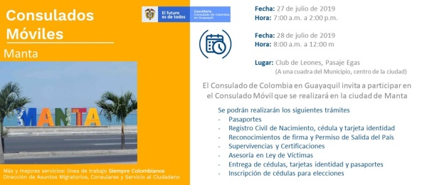 Consulado de Colombia en Guayaquil realizará un Consulado Móvil en Manta, los días 27 y 28 de julio de 2019