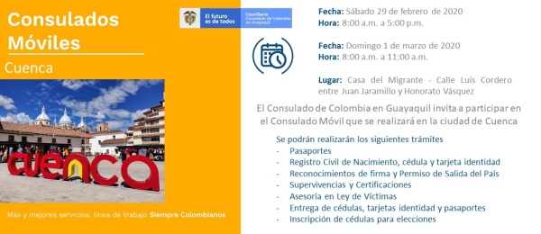 Consulado de Colombia en Guayaquil realizará Consulado Móvil en Cuenca, los días 29 de febrero y 1 de marzo de 2020
