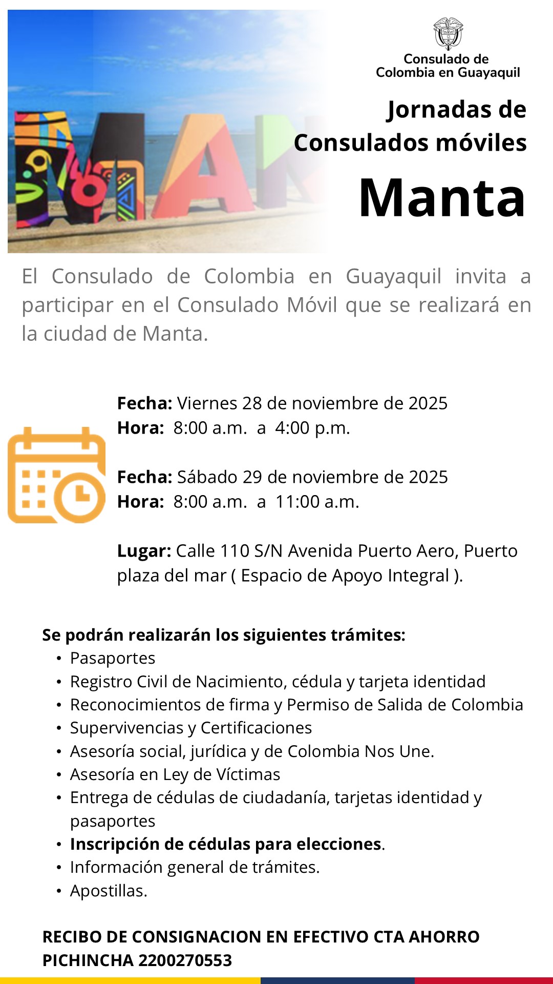 Ven al Consulado de Colombia en Guayaquil el próximo 28 y 29 de noviembre
