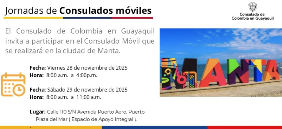 Ven al Consulado de Colombia en Guayaquil el próximo 28 y 29 de noviembre