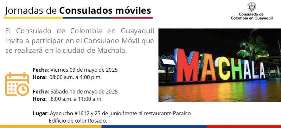 Consulado de Colombia en Guayaquil realizará el jornada de Consulado Móvil en Machala
