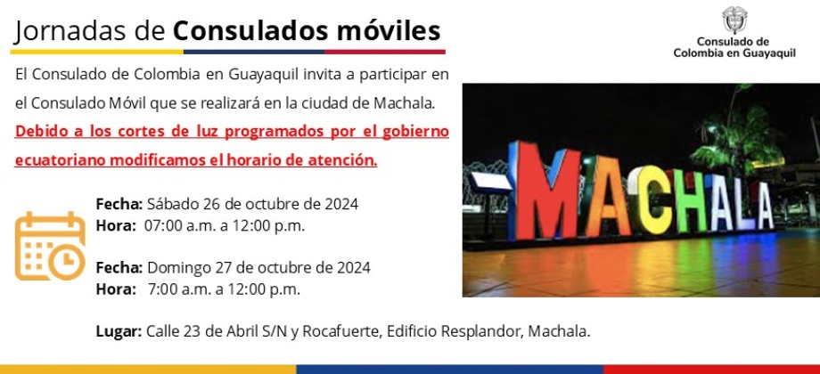 Jornada de Consulado Móvil en Machala el sábado 26 y domingo 27 de octubre de 2024