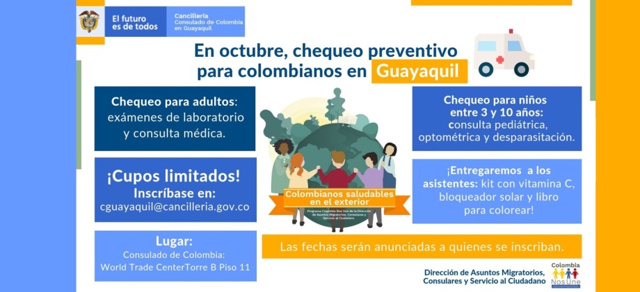 El Consulado de Colombia en Guayaquil invita a los colombianos a inscribirse y agendar sin costo un chequeo médico preventivo, en octubre 2019