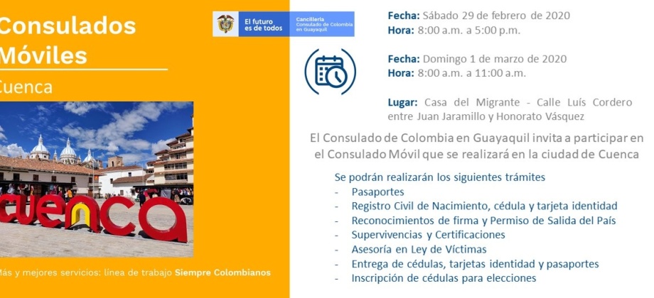 Consulado de Colombia en Guayaquil realizará Consulado Móvil en Cuenca, los días 29 de febrero y 1 de marzo de 2020