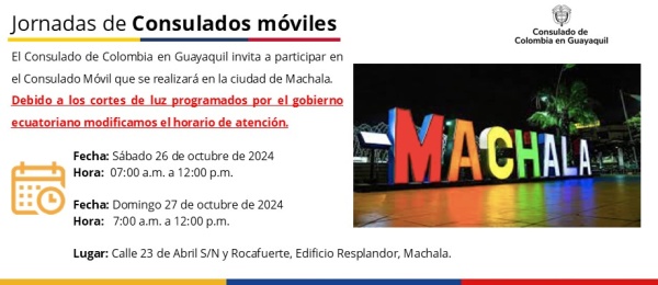 Jornada de Consulado Móvil en Machala el sábado 26 y domingo 27 de octubre de 2024