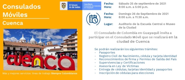 El Consulado de Colombia en Guayaquil realizará la jornada de Consulado Móvil en Cuenca