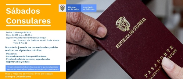 El Consulado de Colombia en Guayaquil realizará una jornada de Sábado Consular este 11 de mayo de 2019
